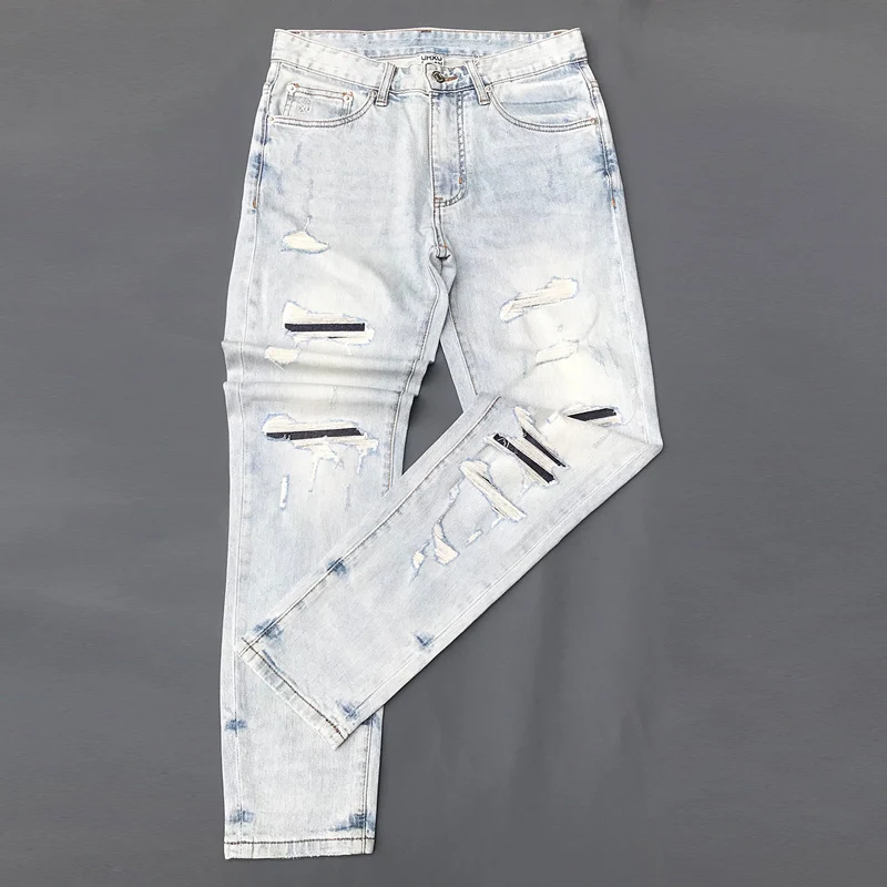 Street Fashion Männer Jeans Retro hellblau Stretch Slim Fit Hip Hop zerrissene Jeans Männer Patched Designer Vintage Jeans hose Hombre