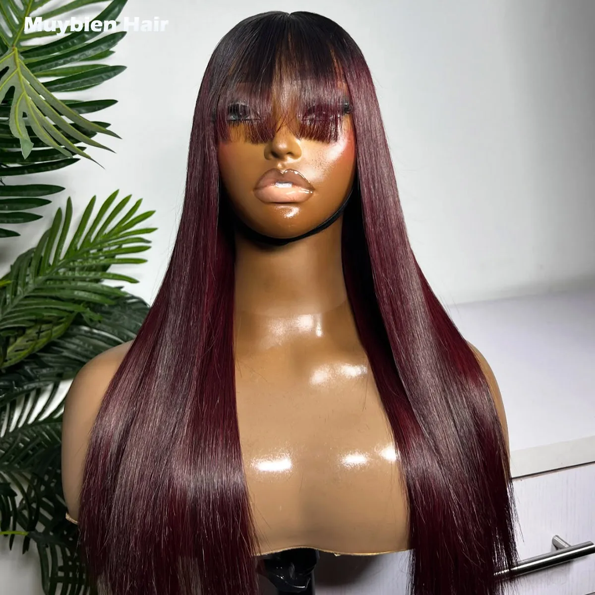 Waer and Go Glueless Perücke aus 100 % Echthaar, 2x6 Kim K Closure Perücke mit Pony, Ombre Dunkel-Burgunder Glattperücke, vorgeschnittene Glueless Perücke Image