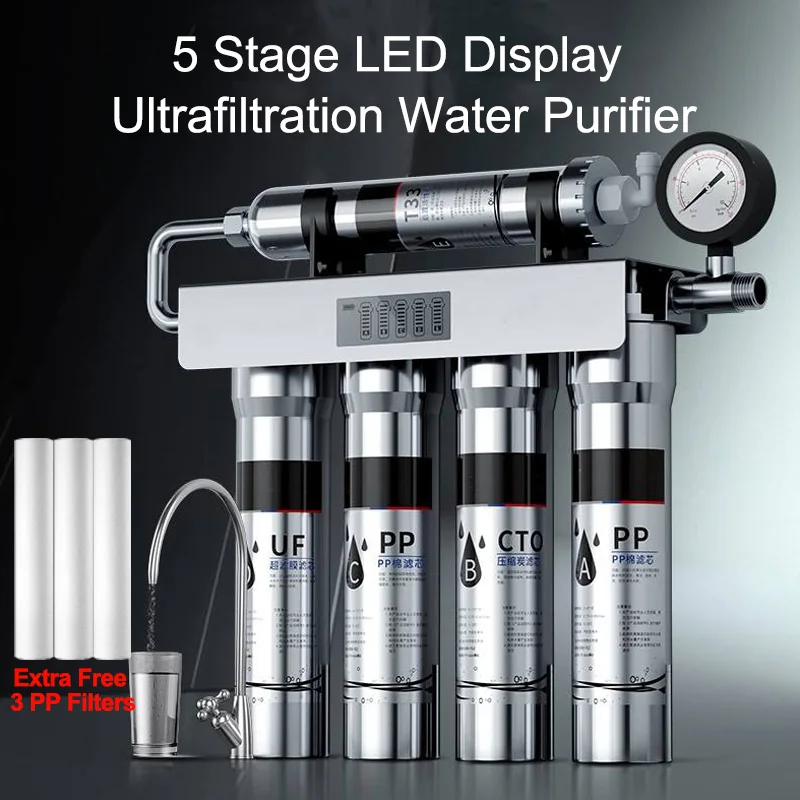 EIREE Edelstahl 5-Stufen-Wasserfilter mit Digitalanzeige & Druckmesser Untertisch-Küchenfiltersystem Wasserreiniger