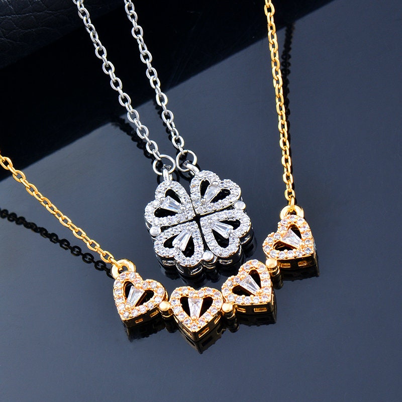 Collana cuore, collana cuore con magnete, collane con cuore, ciondolo fiore cuore di cristallo, collana 4 cuori, collana fiore QKJ131