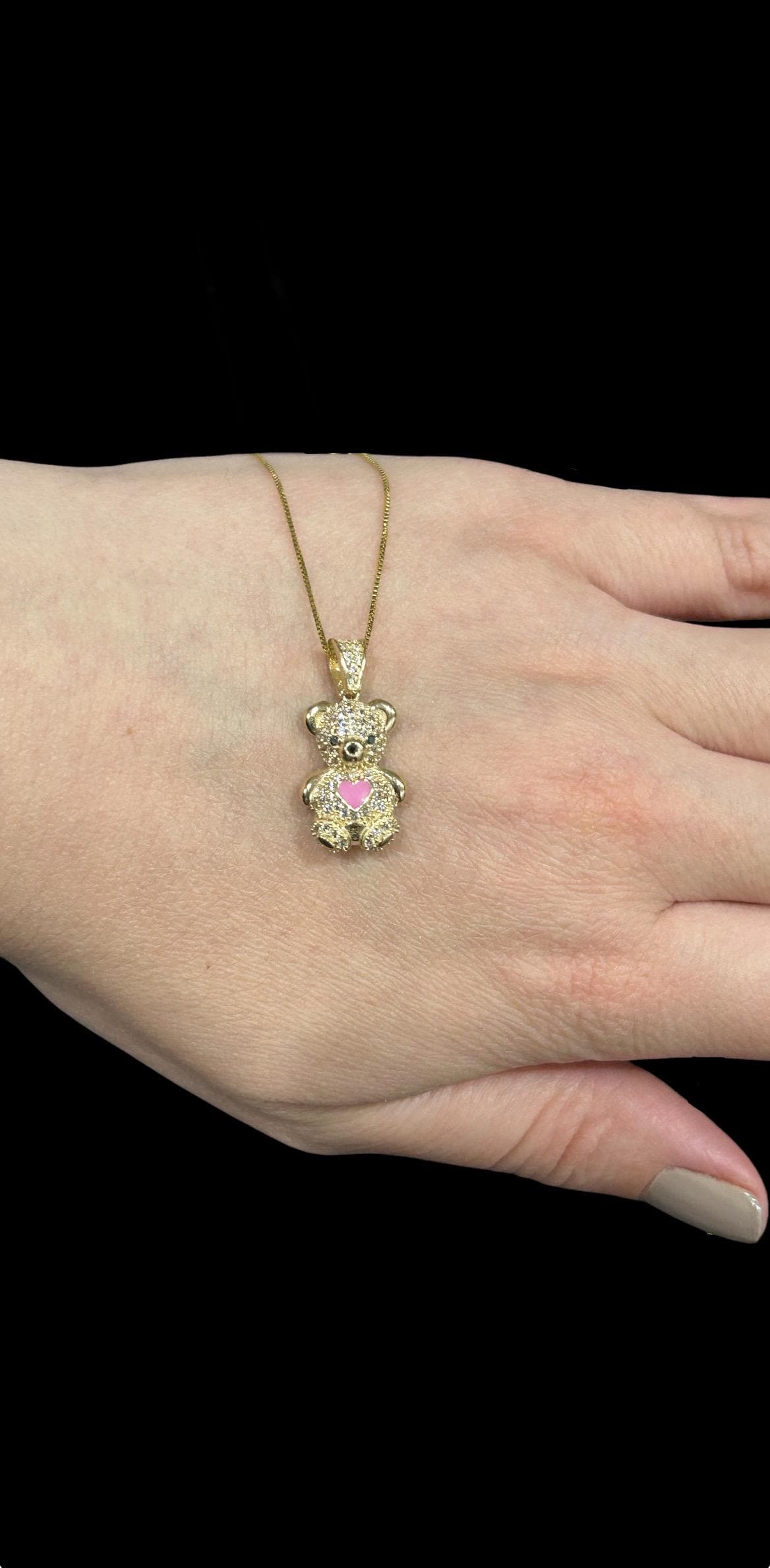 Collana con orso rosa in vero oro 14k, ciondolo con ciondolo a forma di cuore in oro da donna, ciondolo con orso di Natale, ciondolo con orso in smalt