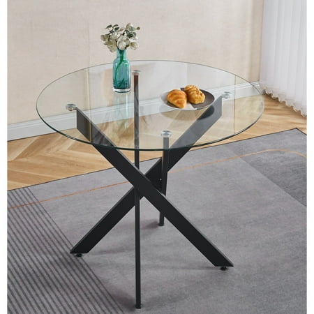 35.43 Black Tempered Glass Dining Table Modern Kitchen Table with Cross Metal Legs Space Saving Square Table for Living Room Dining Room
