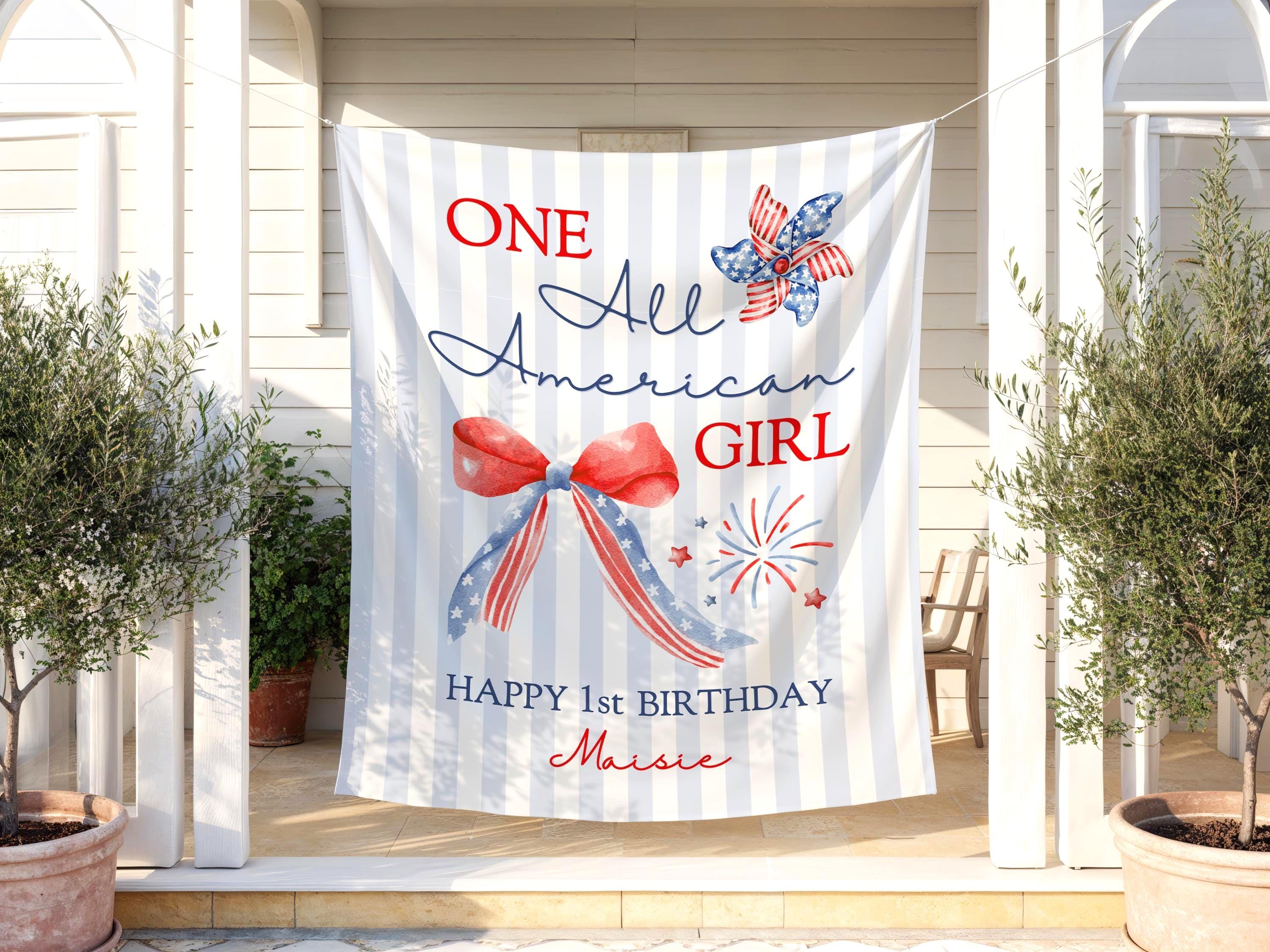 One All American Girl 1. Geburtstag Party Banner Benutzerdefinierte Americana Patriotic 1. Geburtstag Foto Hintergrund USA Erster Geburtstag Dekoratio
