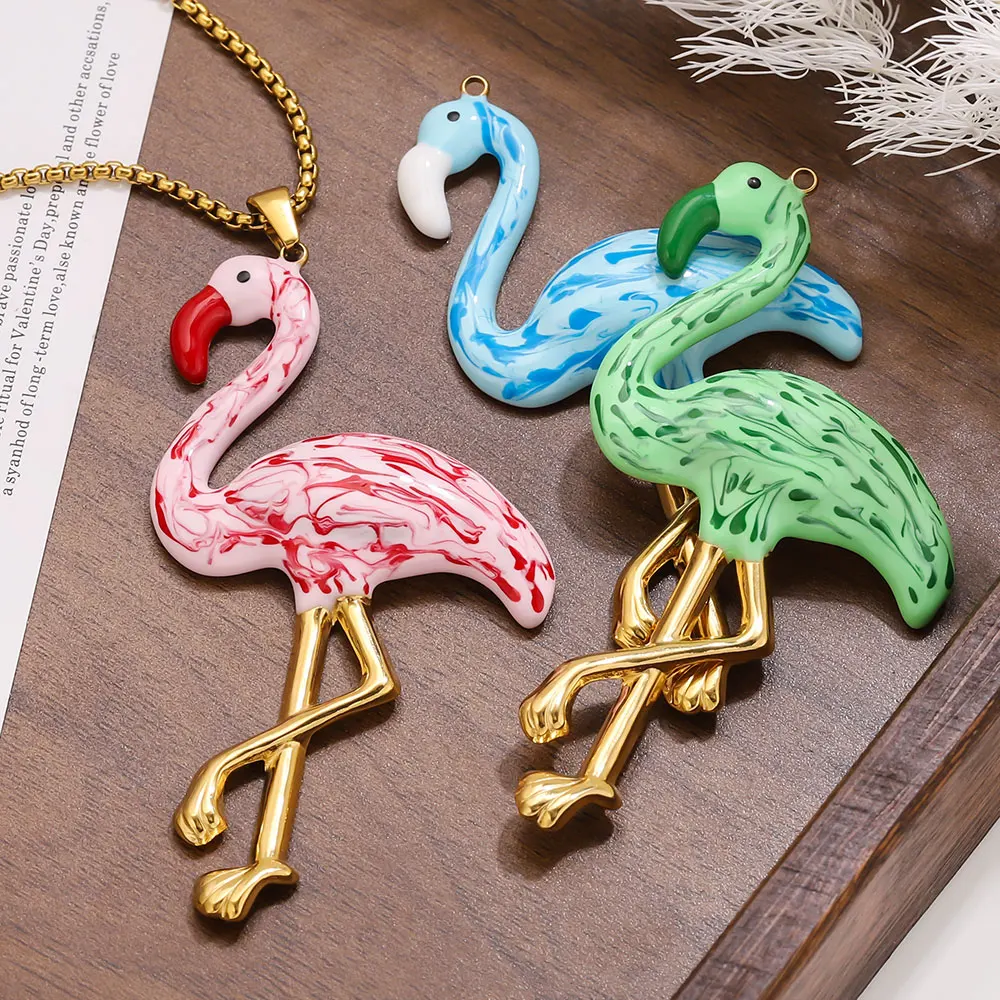 1PCS Edelstahl Tiere Charms Emaille Flamingo Gold Anhänger Basis für DIY Bohe Schmuck Ohrring Halskette Machen Zubehör