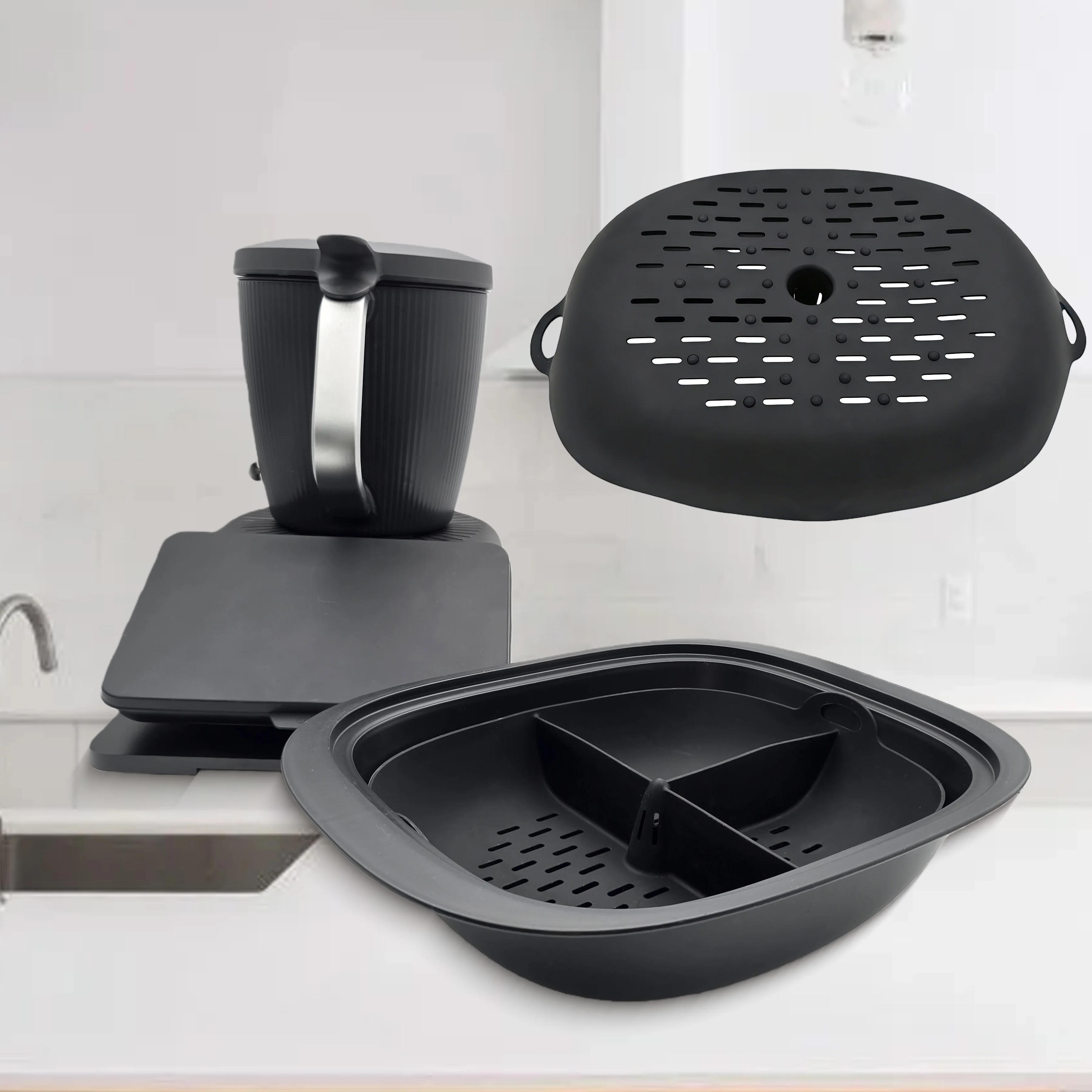 Kompatibel mit Thermomix TM7 Silikon-Dampfgareinsatz – Unterteiltes Tablett mit Dampflochern zum Kochen mehrerer Lebensmittel Image