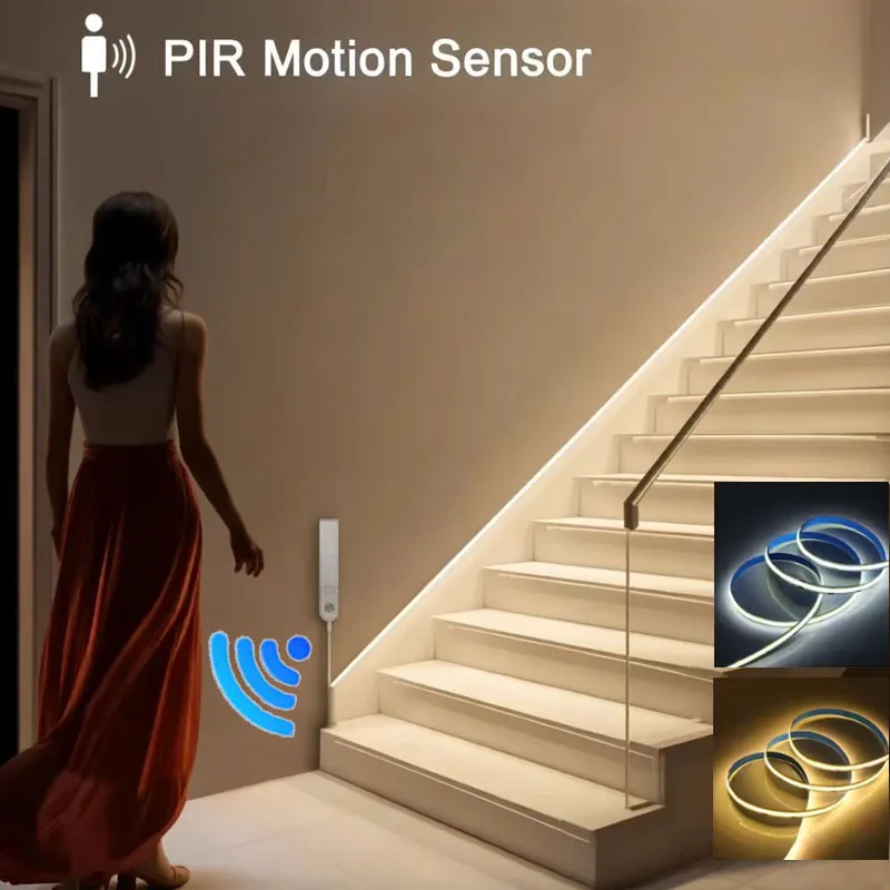 Bewegungssensor LED-Lichtstreifen Batteriebetrieben 320 LEDs/m COB LED-Streifen für Treppen Schrank Unterbauleuchten