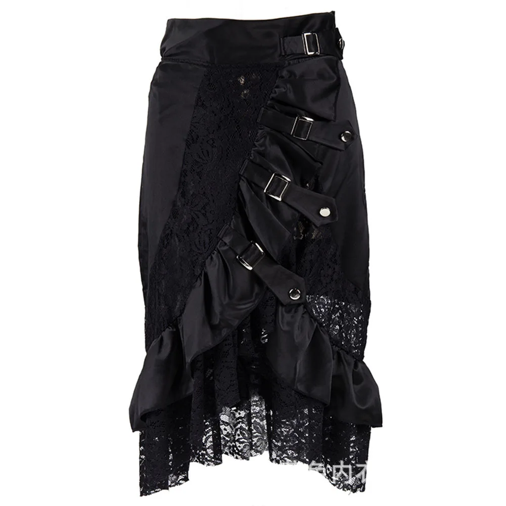 Viktorianischer schwarzer Satin und Spitze, Blumenrüschen, Steampunk-Rock, Burlesque-Vintage-Sexy-Röcke für Damen, Übergröße 6XL, Gothic-Kleidung