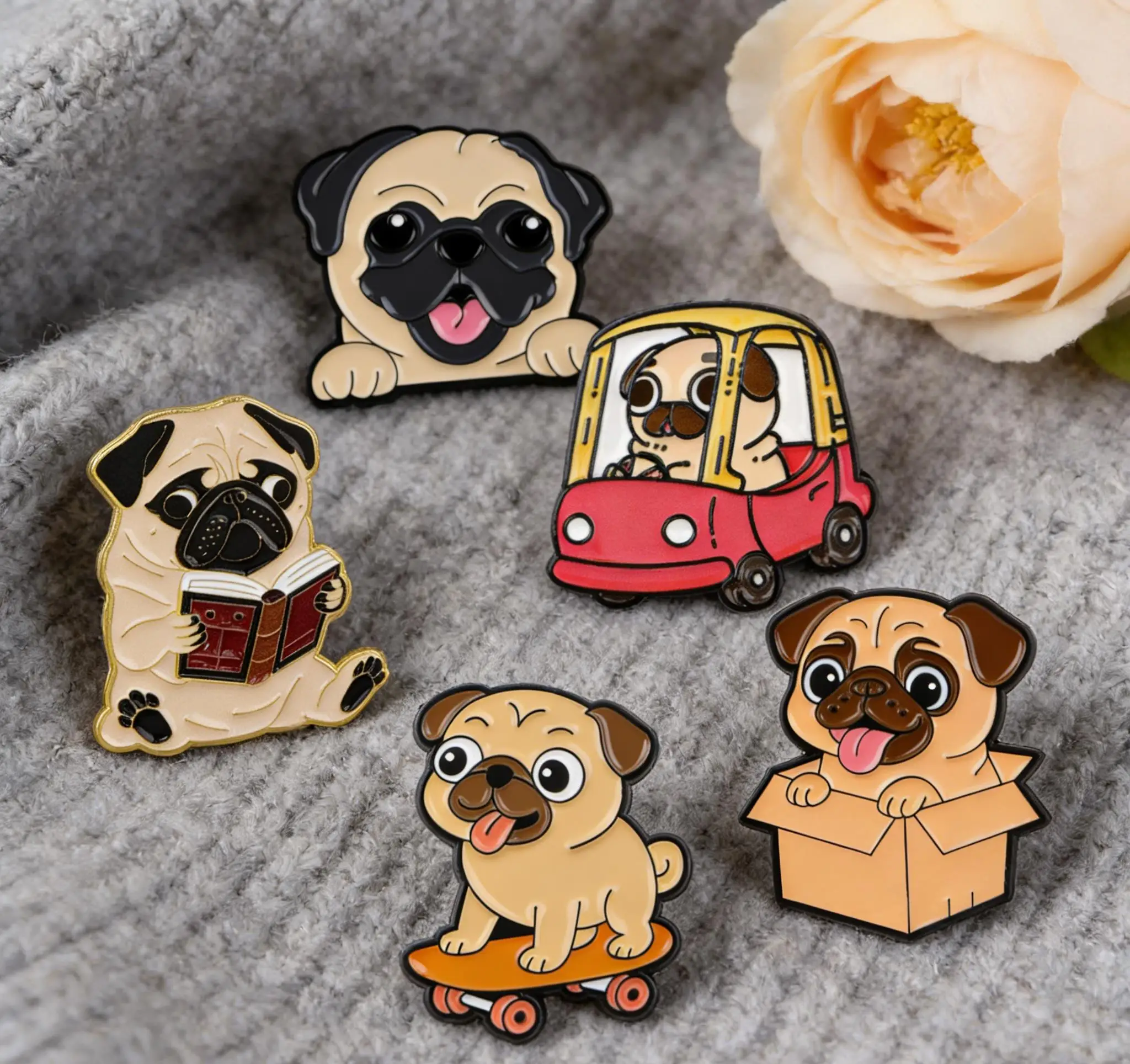 5er-Set Freche Mops-Emaille-Pins, Haustier-Metallbroschen für Rucksack, Hut, Tasche, Kragen, Revers, Anstecknadeln für Herren und Damen, Modeschmuck-Kollektion, Geschenk Image