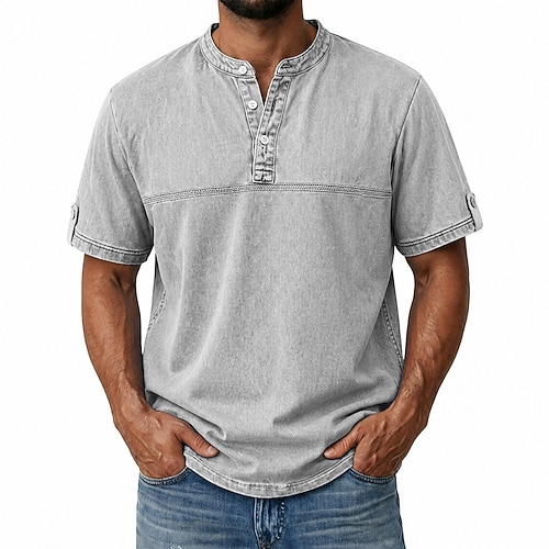 Herren Henley Hemd Hemd aus 100 % Baumwolle in Säurewaschung Kurzarm Einfach Retro Vintage Lässig Henley Vintage-Stil Gewaschen Henley Lässig Frühling Sommer Sommer Frühling Dunkelbraun Schwarz Grau Image