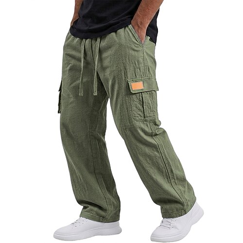 Herren Cargo-Hosen Leinenhosen Hose Sommerhose Kordelzug Elastischer Bund Mehrere Taschen Einfach Komfort Atmungsaktiv Volle Länge Lässig Täglich Ferien Urlaub Mode Lässiger Schnitt Blau Schwarz Image