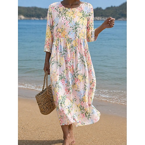 Damen Midikleid Sommerkleid Urlaub Lässig Boho Strand Ferien Normale Passform Blumen Grafik Dreiviertelarm Rundhalsausschnitt Blau Rosa Purpur Sommer Frühling Image