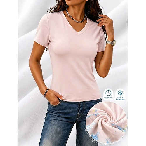 Damen Feuchtigkeitsabsorbierend Schnelltrocknend T Shirt T-Shirt Kühles Gefühl Basic Atmungsaktiv Kurzarm V Ausschnitt Normale Oberteile Lässig Fitnessstudio Sport Blau Schwarz Weiß Rosa Braun Sommer Image