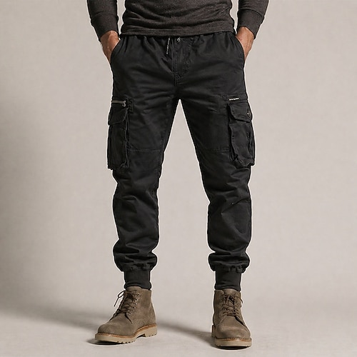 Herren-Cargohose – elastische Bündchen, Kordelzug im Bund, mehrere Taschen, bequem, lässig Outdoorhose, modisch, schwarz/khaki, mit Mikro-Elastik Image