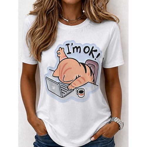 Damen T Shirt Druck Grafik Tiermotiv Katze Vintage Stilvoll Klassisch Kurzarm Rundhalsausschnitt Rundhals Normale Oberteile Lässig Täglich Wochenende Weiß Kaffee Weiß 2 Sommer Frühling Herbst Winter