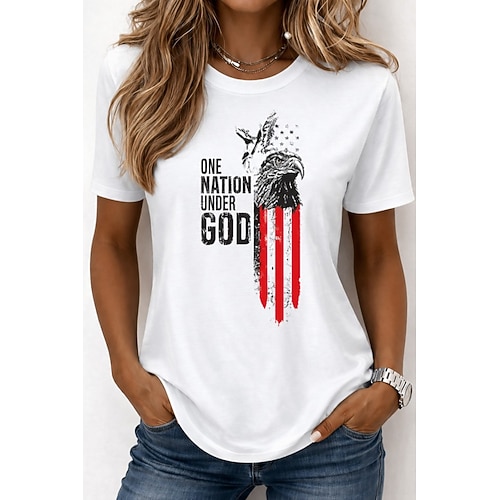 Amerikanischer Unabhängigkeitstag Damen T Shirt Druck Grafik Flagge Buchstabe Vintage Mode Stilvoll Kurzarm Rundhalsausschnitt Rundhals Lange Oberteile Lässig Täglich Wochenende Blau Weiß Rot / Blau Image