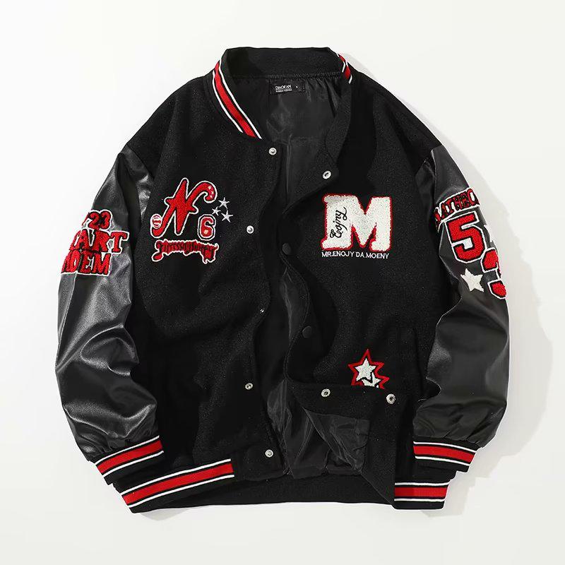 Giacca sportiva ricamata con asciugamano alla moda americana, giacca bomber invernale da uomo con cuciture nere, giacca con elemento da basket