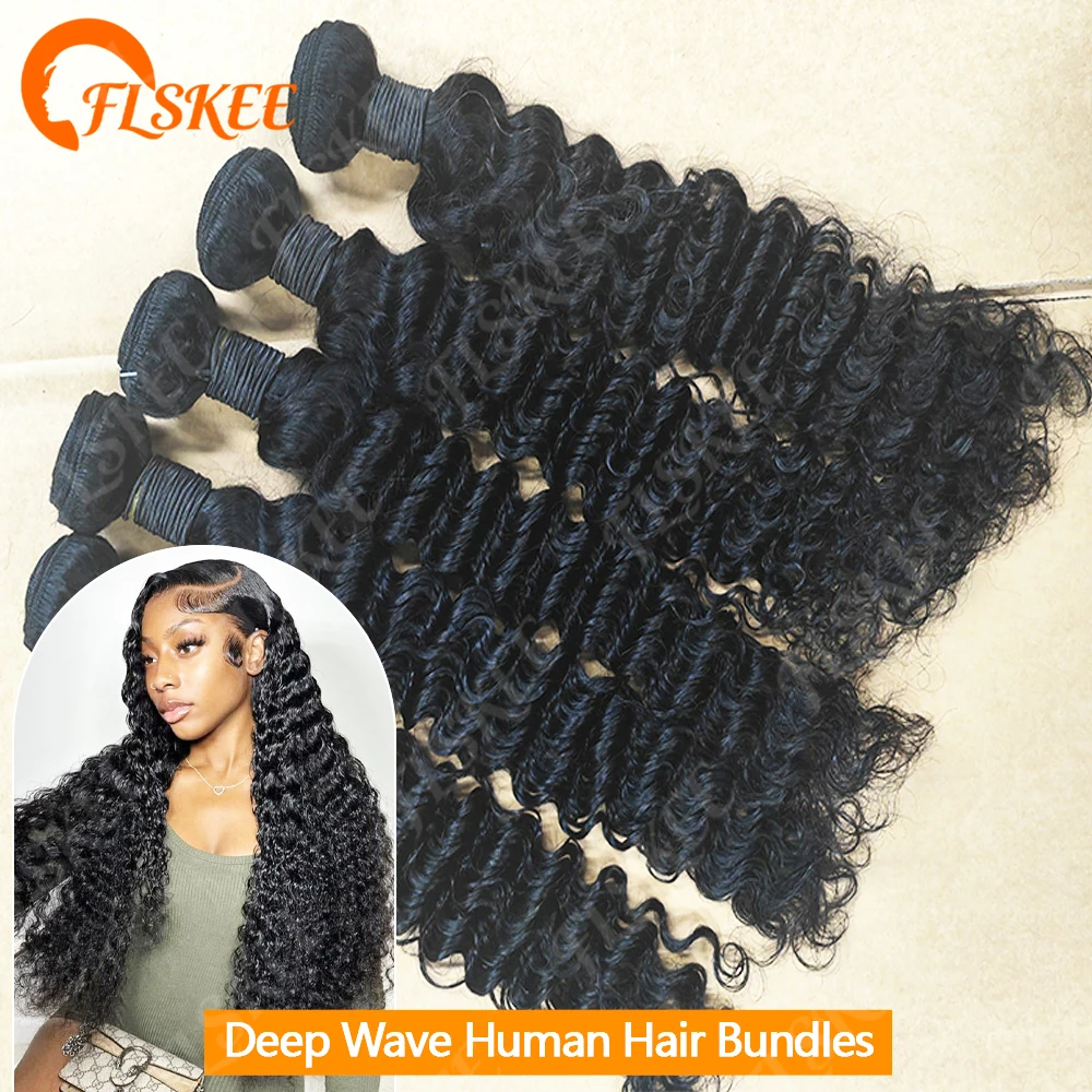 FLSKEE Deep Wave Echthaar-Bündel 22 24 26 Zoll Tiefgelocktes Jungfrauenhaar 1/3/4 Bündel zum Einnähen Vollständige Rohhaar-Extensions Image