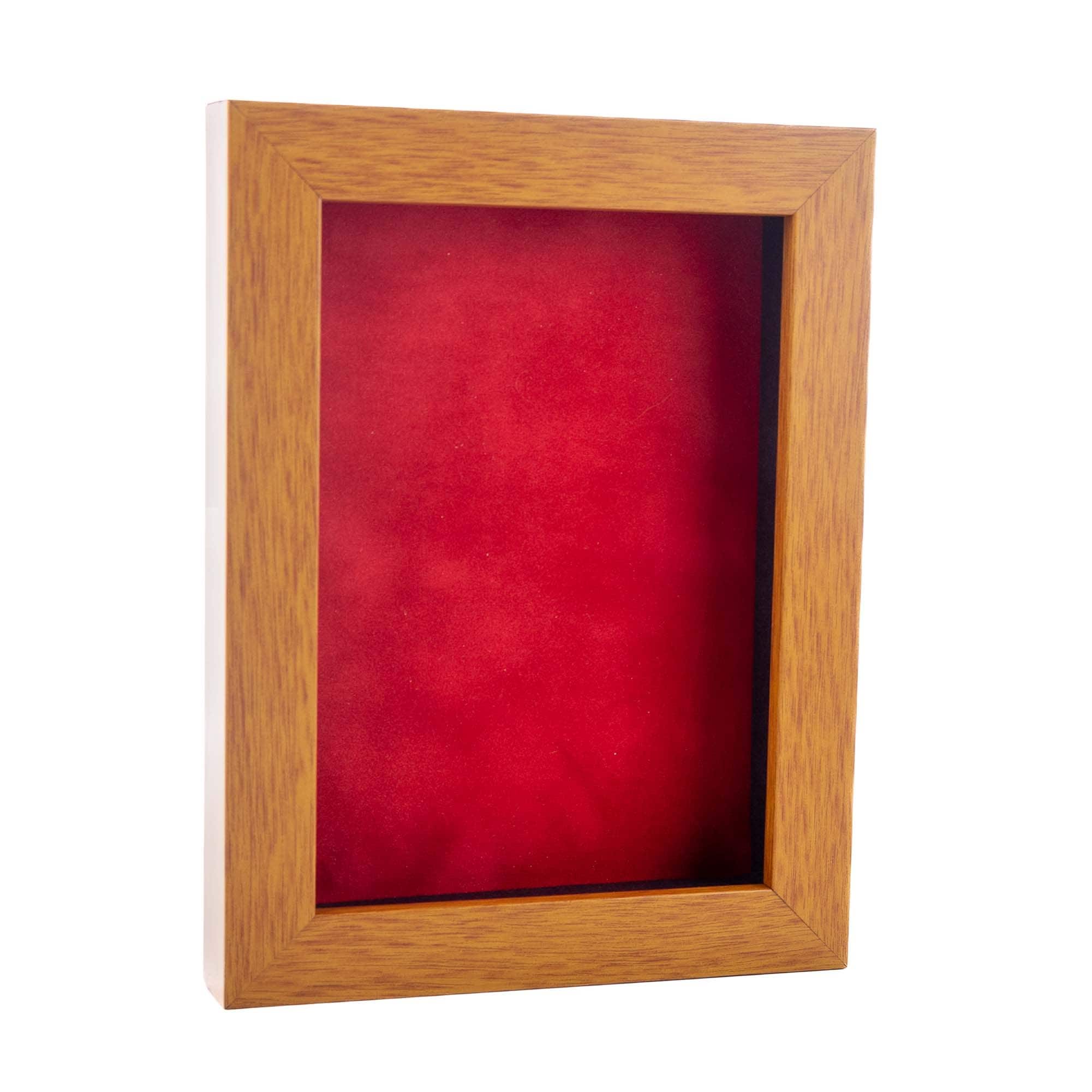 Warm Honey Brown Wood Shadow Box Frame with Acrylic Front - Red Suede Backing, 30 Sizes