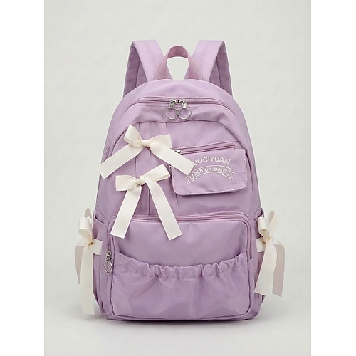Zaino da donna in poliestere con decorazione a fiocco, disponibile in diversi colori, con numerose tasche, spallacci regolabili, perfetto per la scuola elementare. ritorno a scuola media, viaggi,