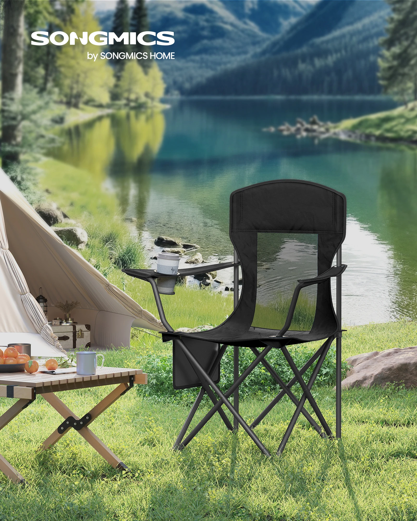 SONGMICS Campingstuhl 2er Set,Angelstuhl, hohe Rückenlehne,verstellbare Armlehnen,Getränkehalter,klappbar, bis 150 kg belastbar