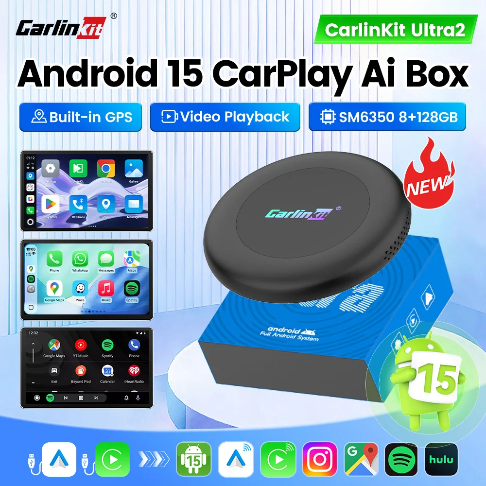 CarlinKit Ultra 2 CarPlay AI Box Android 15 SM6350 8+128GB Kabelloses CarPlay Android Auto Smart Car TV Box für Netflix Play Store Image