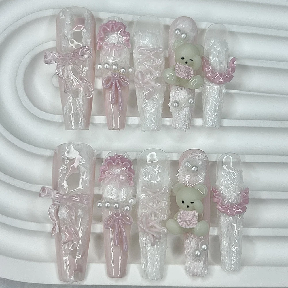 10PCS süße rosa blaue Lolita Französisch Spitze handgemachte Presse auf Nägel 3D Teddybär Schleife Perle gefälschte Nägel süße elegante lange Nagelkunst