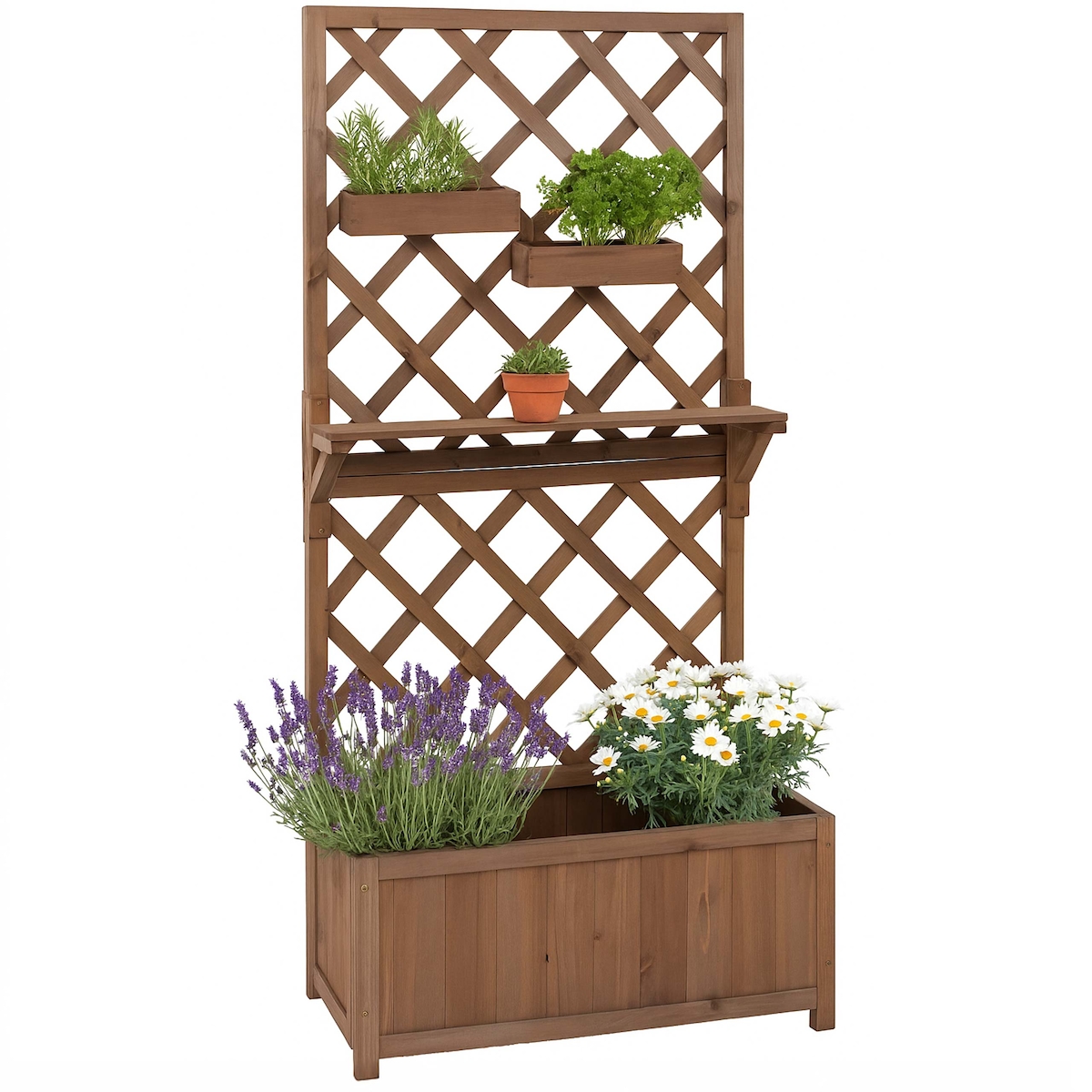 PROREGAL Hochbeet | HxBxT 135x70x30cm | Pflanz-/Blumenkasten Rankgitter Rankhilfe Ablage Hängekästen Holz FSC® | Braun Image