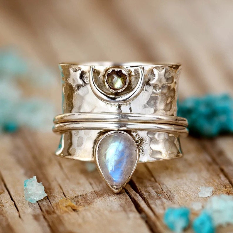 Anello lunare, anello in pietra di luna labradorite, anello in argento sterling 925, anello da meditazione, anello girevole, anello anti-ansia, gioiel