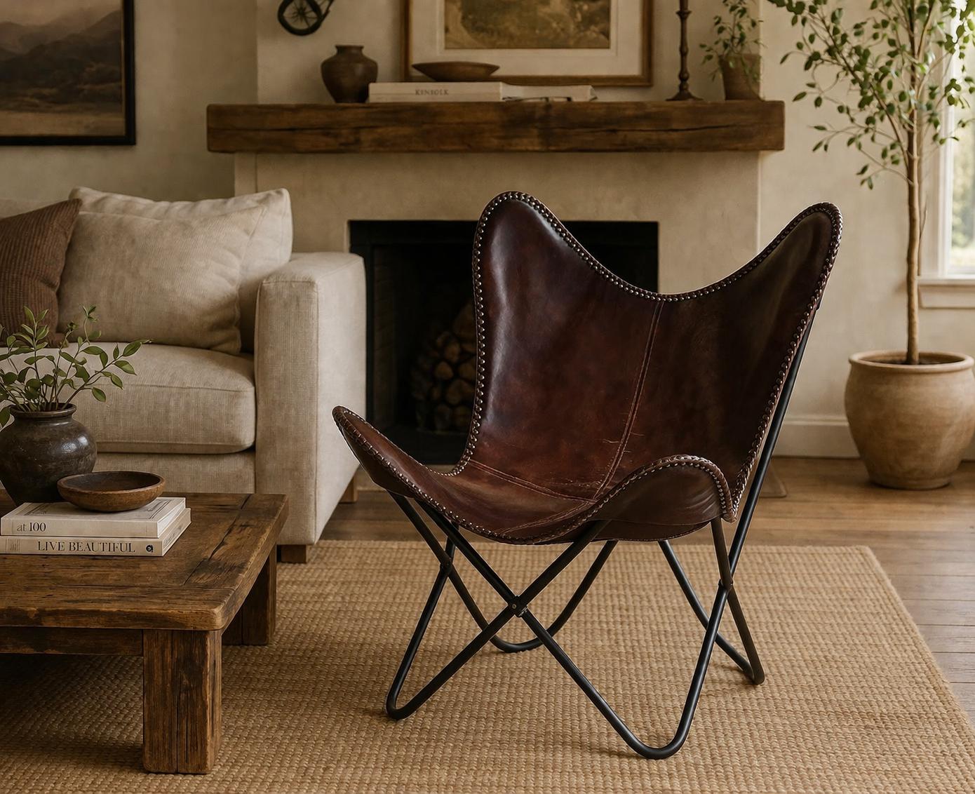 Sedia a farfalla in pelle vintage, sedia d'accento in pelle marrone fatta a mano, mobili boho per soggiorno, poltrona lounge moderna rustica, seduta p