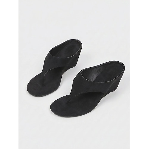 Dunkelbraune Wildleder-Keilsandalen für Damen – elegante, minimalistische Zehentrenner mit niedrigem Plateau für Kreuzfahrten und tropische Landausflüge lässige Resortkleidung Image