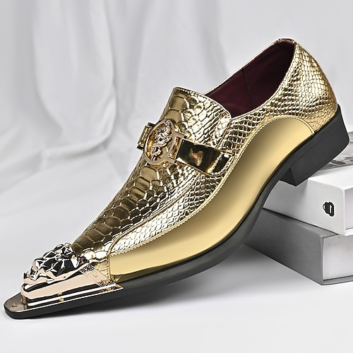 Goldene Herren-Loafer mit Krokodilprägung, luxuriöse Slipper zum Hineinschlüpfen, elegante Schuhe mit Metallkappe – ein Statement-Schuhwerk für stilbewusste Männer, geeignet für Hochzeiten, Bankette, Partys, Abschlussbälle und Bühnenauftritte.