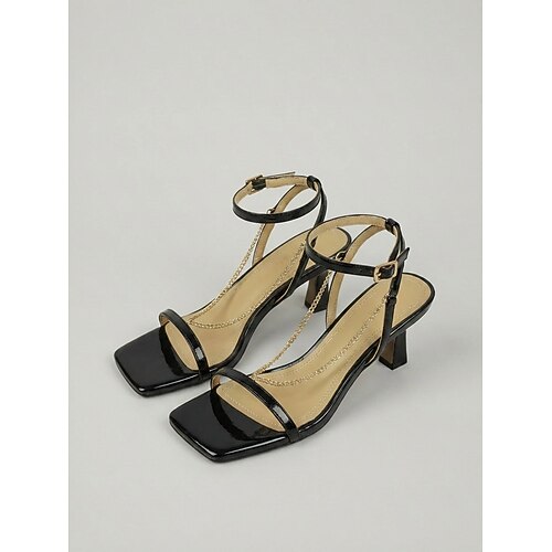 Goldene Riemchensandalen mit hohem Absatz – Stilettoabsätze mit Kettendetails für Nachtleben, Partys und Clubbesuche Image