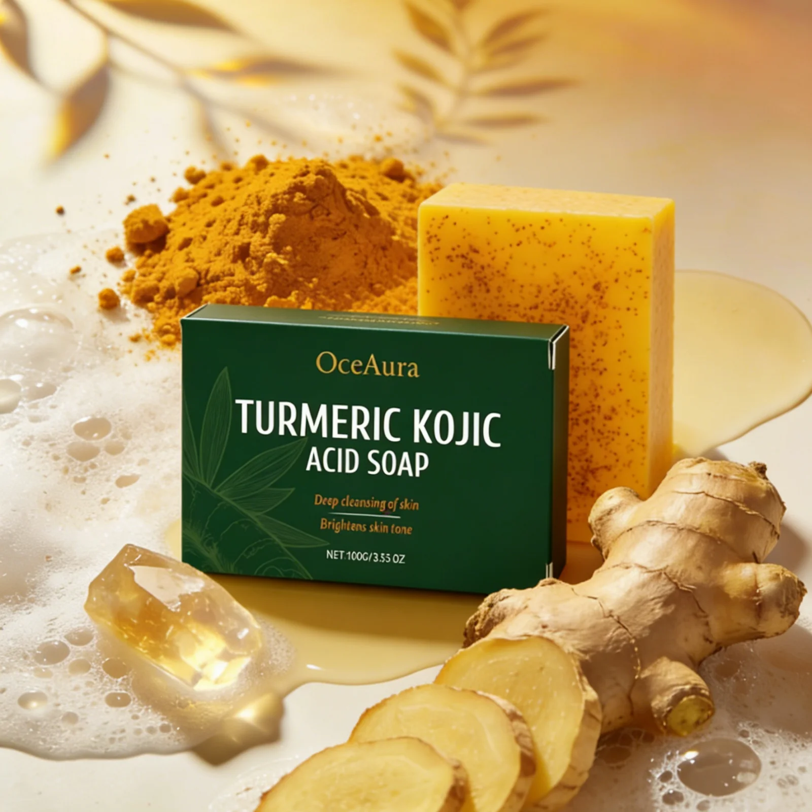 Seife mit Kurkuma- und Kojisäure, tiefe Feuchtigkeit, aufhellende Hautpflegeprodukte, weiche, glatte Körperreinigung, Hautaufhellungsseife, 100 g Image