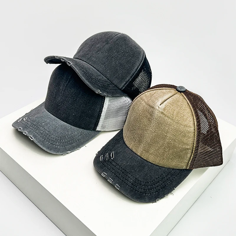Neue Unisex Color Block Broken Style Baseball Hüte Distress Atmungsaktive Mesh Sonnenschirm Retro Trucker Caps Vielseitig Einfache Mode Image