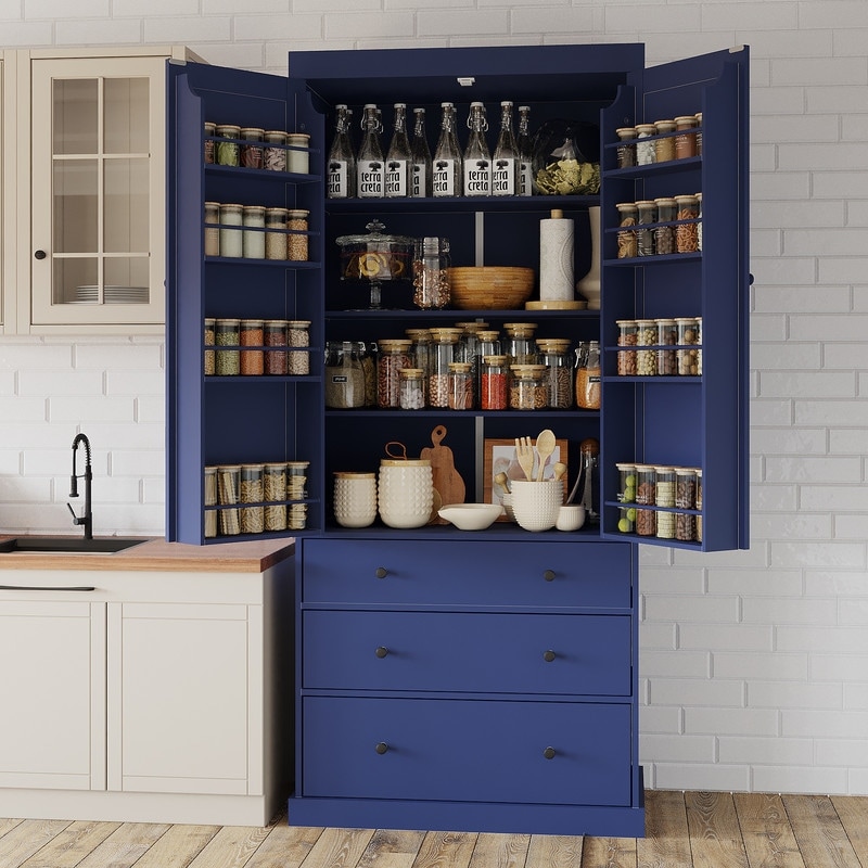 77 Inch Farmhouse Kitchen Pantry Storage Cabinet with 3 Adjustable Shelves, 8 Door Shelves and 3 Drawers for Kitchen Dining Room