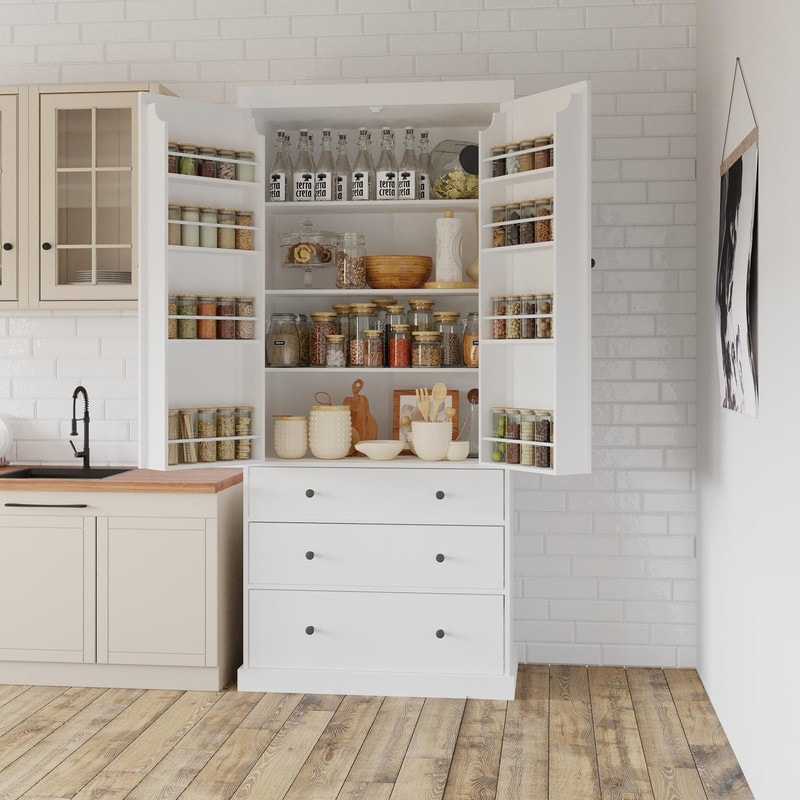 77 Inch Farmhouse Kitchen Pantry Storage Cabinet with 3 Adjustable Shelves, 8 Door Shelves and 3 Drawers for Kitchen Dining Room