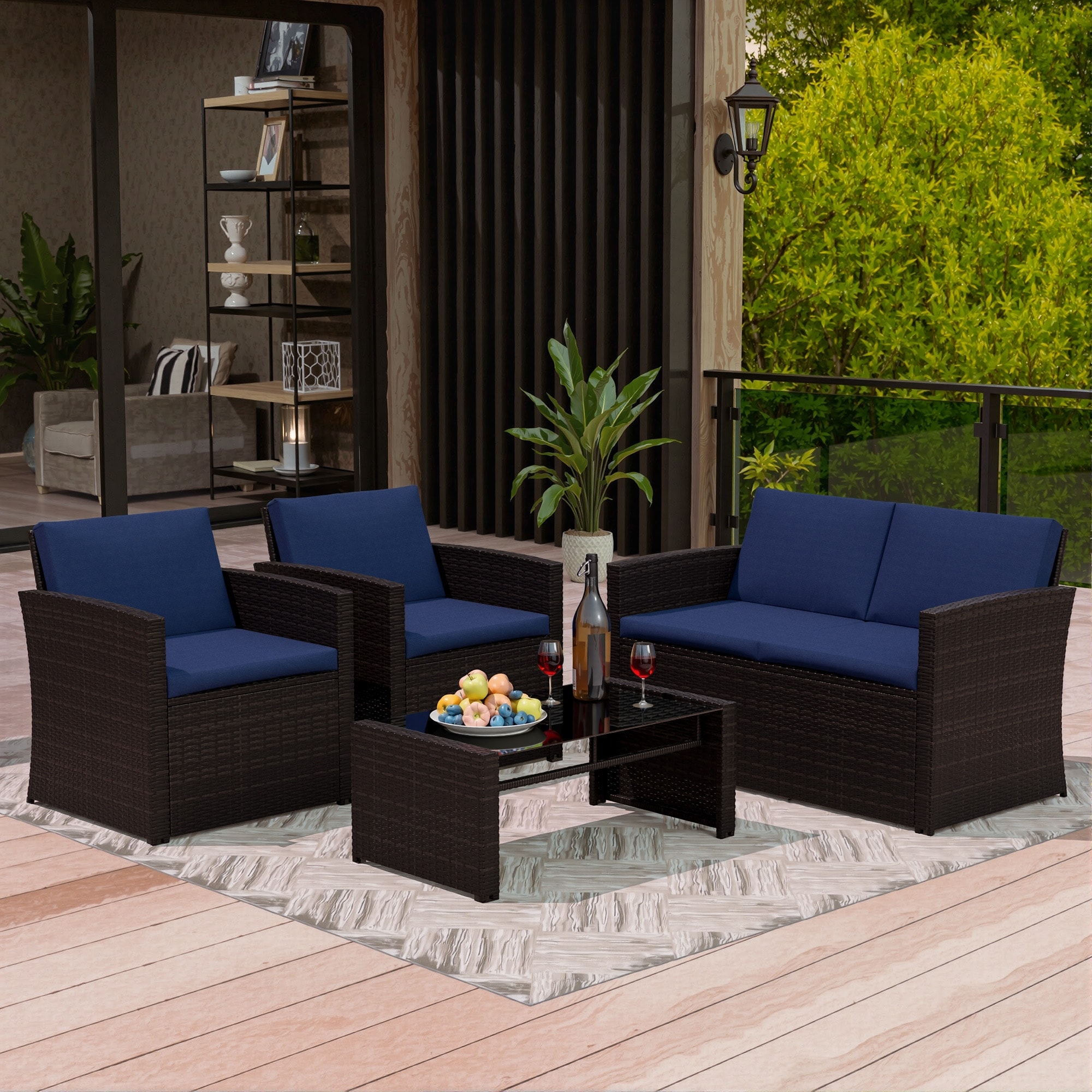 Cozywor 4 Piece Patio Furniture Set, Outdoor Furniture Set with 2 Chairs, 1 Loveseat and Coffee Table