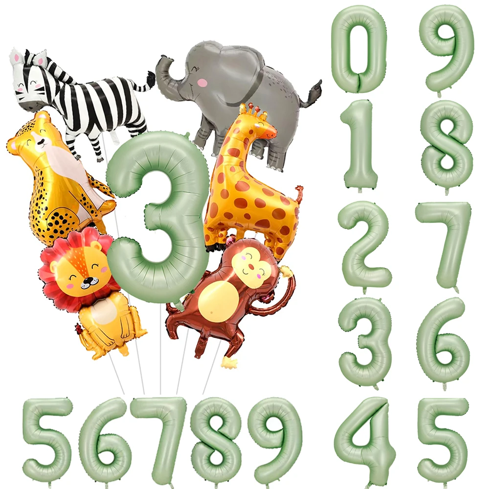 Dschungel Safari Geburtstag Dekore Folie Tier Ballon Salbei Grün Folie Geburtstag Nummer 0-9 Luftballons Kinder Safari Party liefert Gefälligkeiten Image