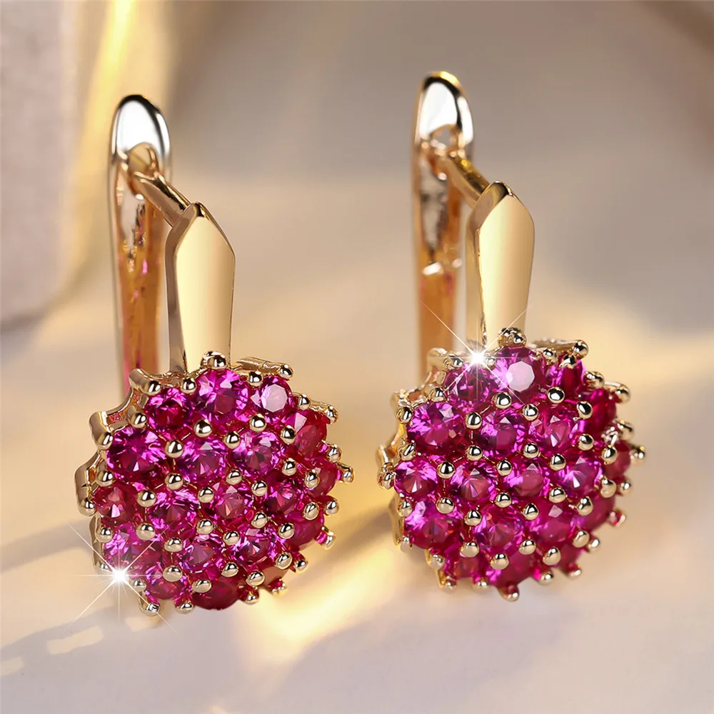 Rose Rot Kristall Runde Zirkon Sonnenblume Creolen Für Frauen Rose Gold Silber Farbe Hochzeit Blume Schmuck Verlobungsgeschenk