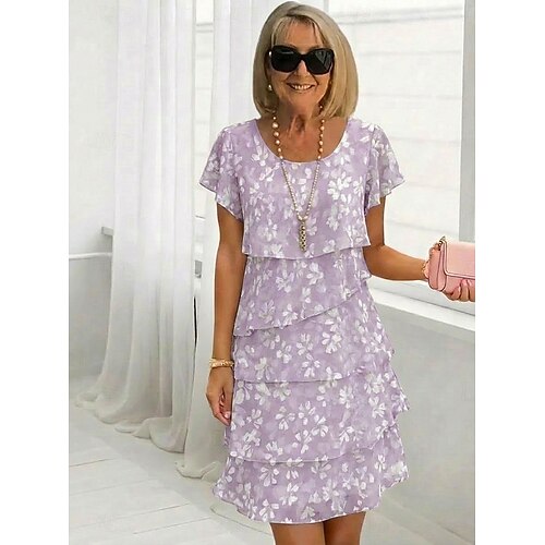 Damen Knielanges Kleid Chiffonkleid Blumenkleid Elegant Mode Modern Urlaub Party Wochenende Normale Passform Blumen Kurzarm Rundhalsausschnitt Blau Gelb Rosa Purpur Sommer Frühling Image