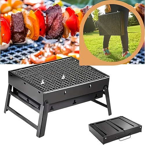 Tragbarer, faltbarer Grill – rauchfreier Edelstahl-Holzkohlegrill, 3-stöckiges Design, großes Grillgerät für Camping und Picknicks im Freien, geeignet für Garten, Terrasse und Hinterhof, tragbarer Image