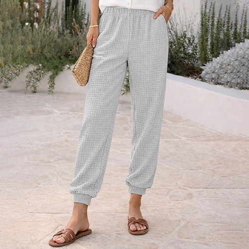 Damen Hose Freizeithose Jogginghose Waffelhose Urlaub Mode Alltagstauglich Volle Länge Hohe Taille Einfarbig Einfach Tasche Elastischer Bund Komfort Weich Atmungsaktiv Mikroelastisch Outdoor Image