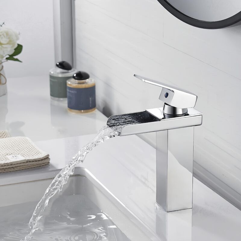 Alovez - Rubinetto Per Bagno A Cascata Miscelatore Per Lavabo Moderno In Ottone Cromato Rubinetto Per Lavabo Quadrato Bocca Larga Miscelatore Per Bagno Rubinetto Per Lavabo A Mano Argento, Acqua Calda E Fredda