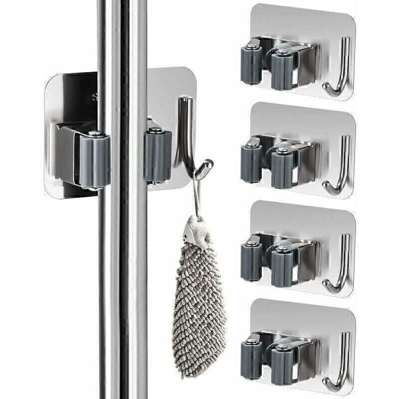 Gabrielle 4 Pezzi Porta Scopa Da Parete Senza Foratura, Porta Scopa Da Parete, Porta Scopa Adesivo In Acciaio Inox, Porta Scopa Da Parete Con Gancio, Per Cucina, Bagno, Giardino E Garage (argento)