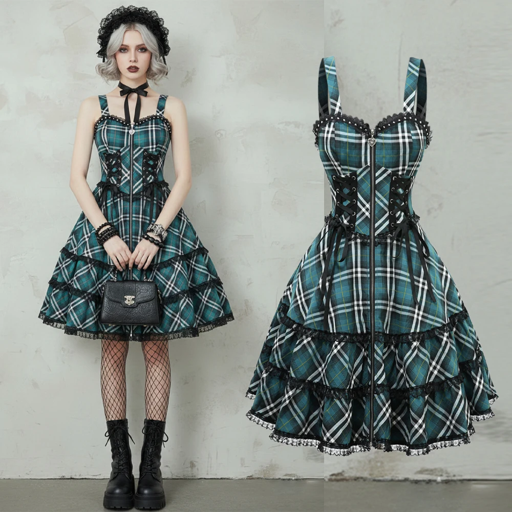 Gothic-Karomuster-Kleid mit Spitzenbesatz und Reißverschluss, ärmellos, grün, hochelastisch, für Damen, Sommer 2026, Neu
