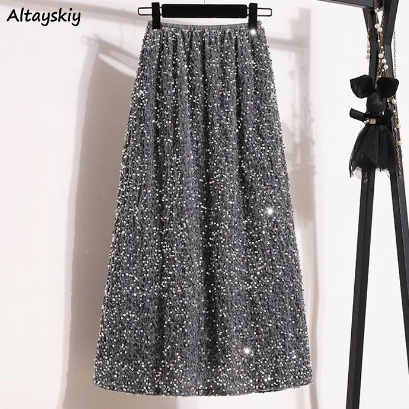 Bling Röcke für Frauen elastische Taille Mitte der Wade elegante Kleidung weibliche Sommer einfache solide sexy Mädchen lässig lose schicke A-Linie