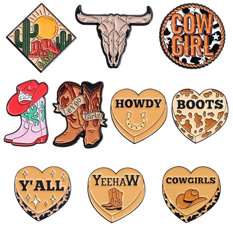 Western Cowboy Cowgirl Hut Stiefel Emaille Pins Mexikanische Kaktus Bull Kopf Broschen Revers Abzeichen Punk Mode Schmuck Geschenke Für Freunde