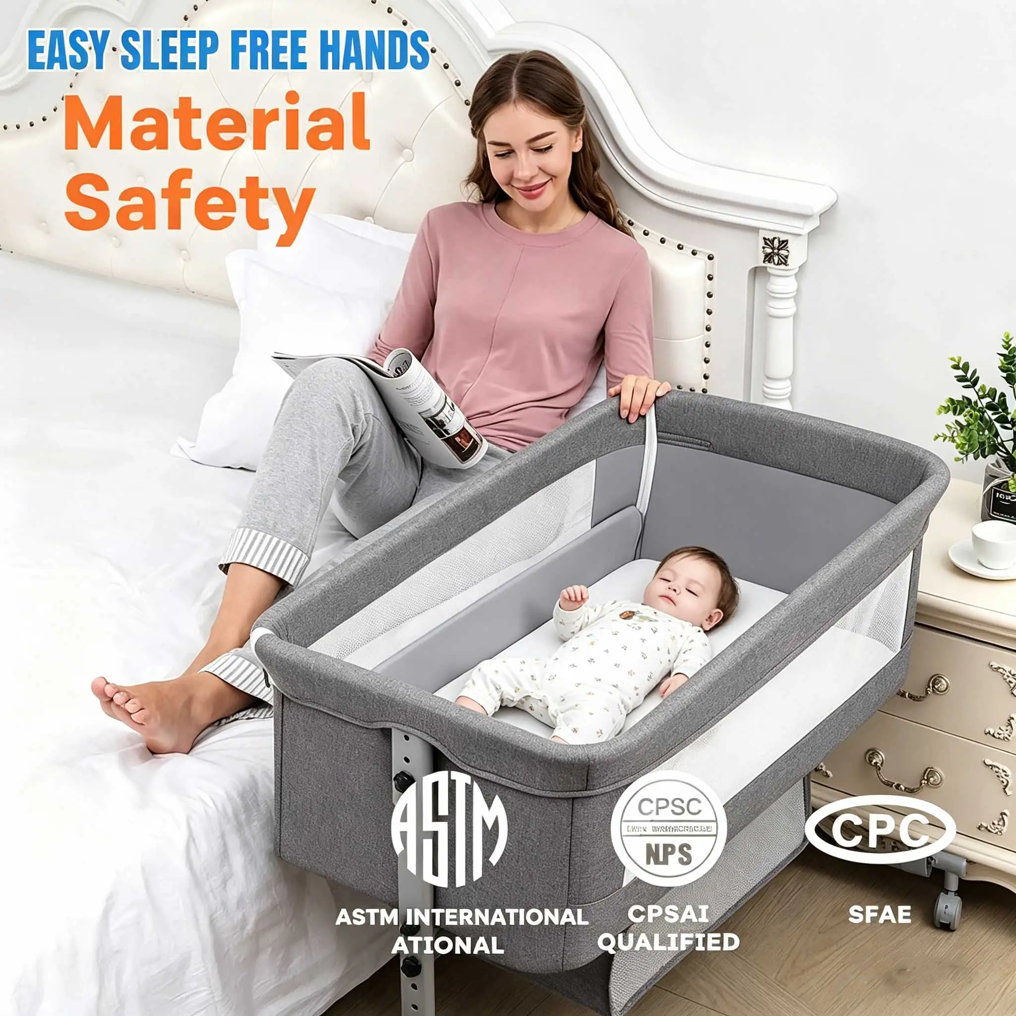 Babybett 3-in-1, Beistellbett, Laufstall, 0-3 Jahre, multifunktional, faltbar und höhenverstellbar, mit Moskitonetz und Rollen Image