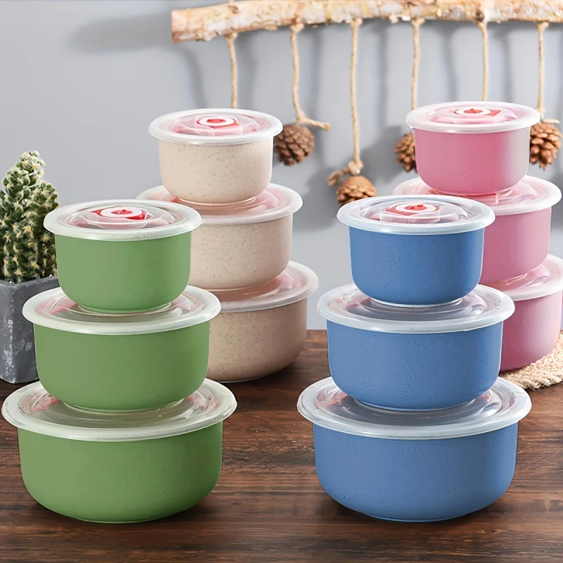 3Set Weizen Stroh Frische Schüssel Kunststoff Mikrowelle Suppe Schüssel Crisper Praktische Schüssel Runde mit Deckel Lunch Box Salat Schüssel Image