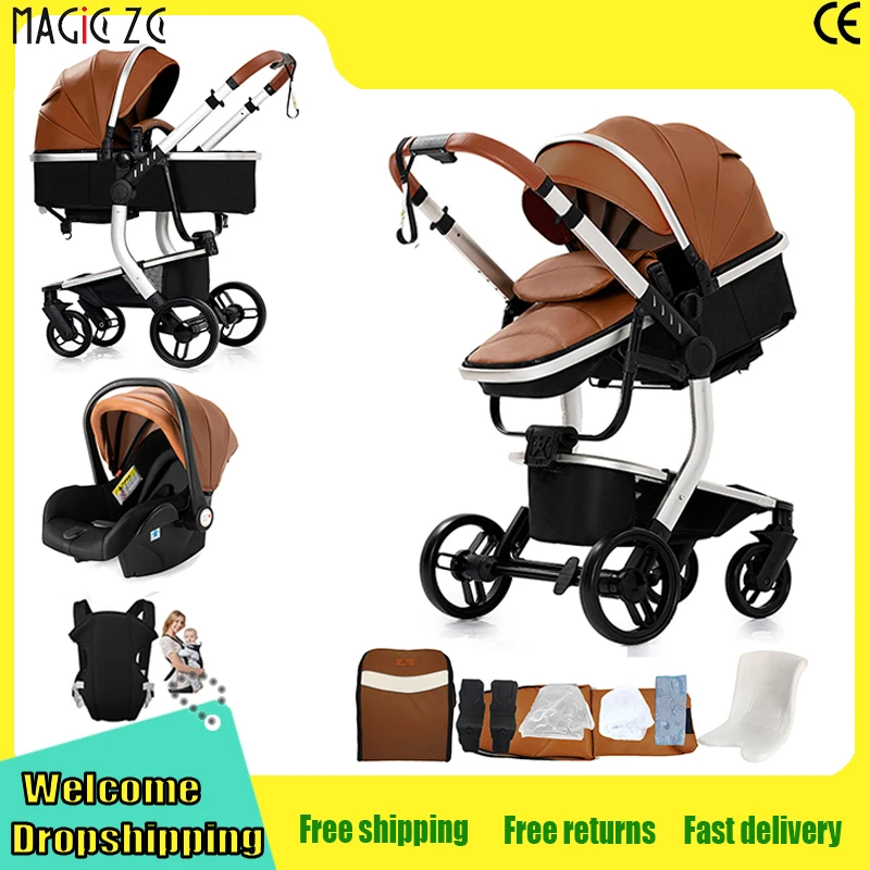 PU-Leder-Kinderwagen 3-in-1 für Neugeborene, Reisekinderwagen, luxuriöser, kompakter, faltbarer Kinderwagen mit Autositz, wasserdichter Buggy